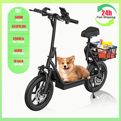 AOVOPRO EB1/EB1 PLUS 500W Electric Scooter 54.6V10.4Ah/22.5Ah Large Capacity Battery 45/100KM Long Range 35km/h 14Inch EScooter