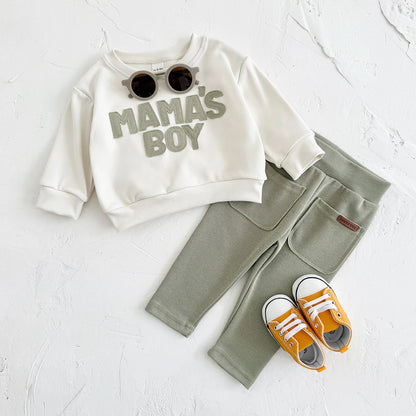 2025 Baby Jungen Kleidung MAMA'S JUNGE Sets Herbst Baby Mädchen Kleinkind Outfit Sweatshirt Top Hosen 2 Stücke Langarm Winter warme Säuglingsanzug.