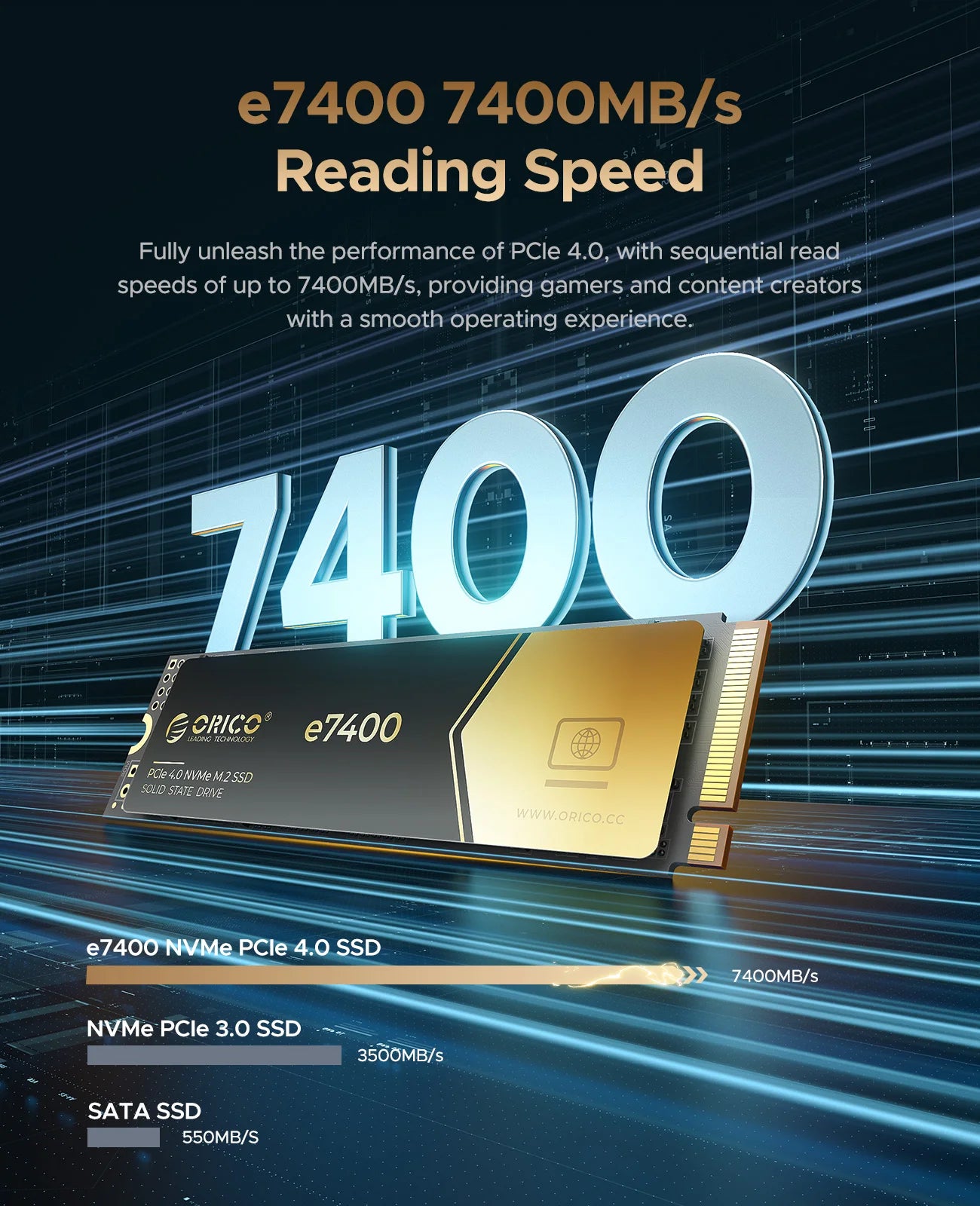 ORICO Gaming PCIe4.0 M.2 NVMe SSD PS5 7400MB/S Internal Solid State Drive Gen4 for High End Computing Gamer Heavy Duty Works.
