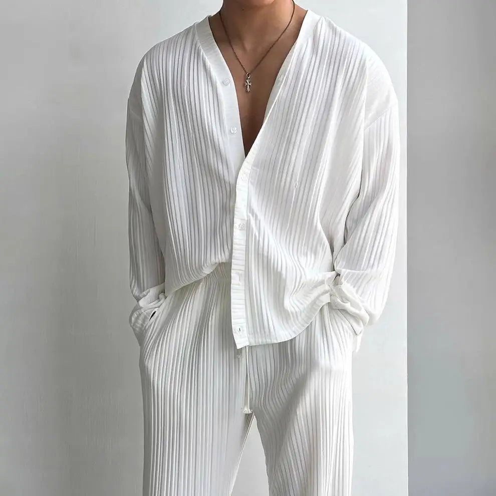 Thin Solid Color Sexy Deep V Cardigan Knitted Sweater Shirt Casual Fashion Suit Two-piece Sets for Men.