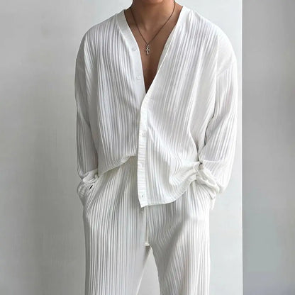 Thin Solid Color Sexy Deep V Cardigan Knitted Sweater Shirt Casual Fashion Suit Two-piece Sets for Men.