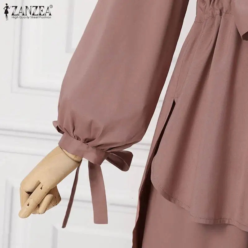 ZANZEA Muslim Women Matching Sets Long Sleeve Solid Color Tops And Loose Pant Suits Elegant Fashion Casual Tracksuit Kaftan 2025.