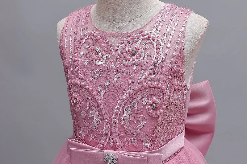 Gesticktes Mesh-Hochzeitskleid, Blumenmädchen-Performance-Mädchenkleid, 4–12 Jahre altes Mädchen-Prinzessinnenkleid mit großer Schleife.