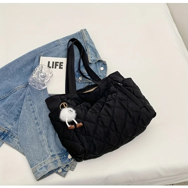 Black Large Capacity Handbag with Square Pattern, Durable Quilted Material, Multiple Pockets for Easy Storage & Cute Plush Charm.