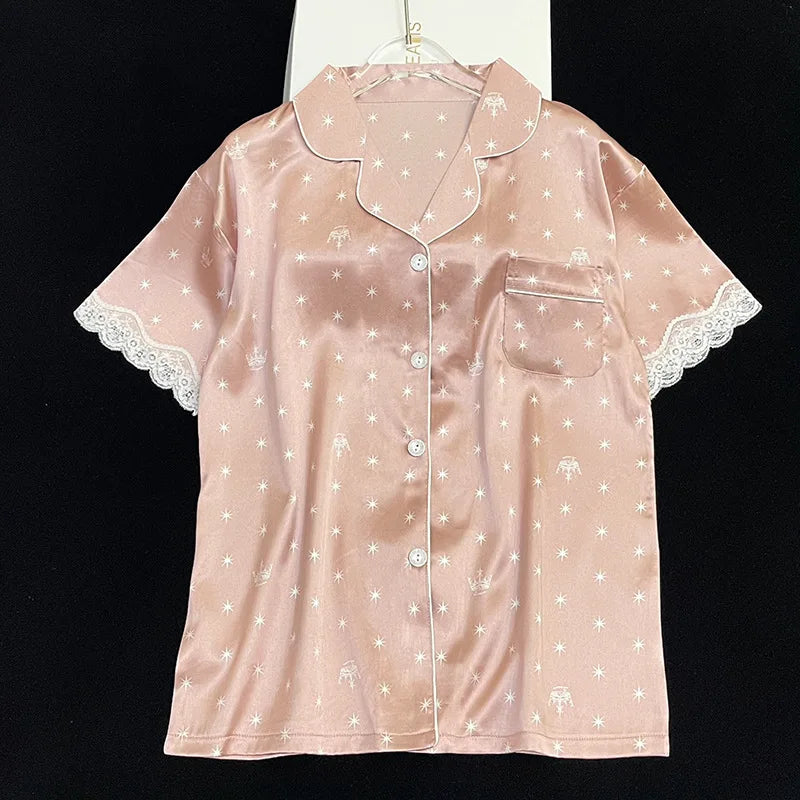 Frauen Neue Sommer Eis Seide Ins Sterne Floral Süße Pyjamas Mädchen Sommer Kurzarm Shorts Studentenwohnheim Homewear Anzug.