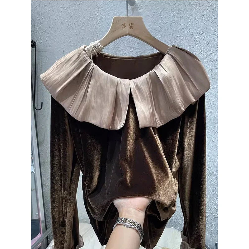 Autumn Korean Patchwork Solid Color Peter Pan Collar T-Shirts Female Temperament Ruffles T-Shirts Women Clothing All-match Tops.