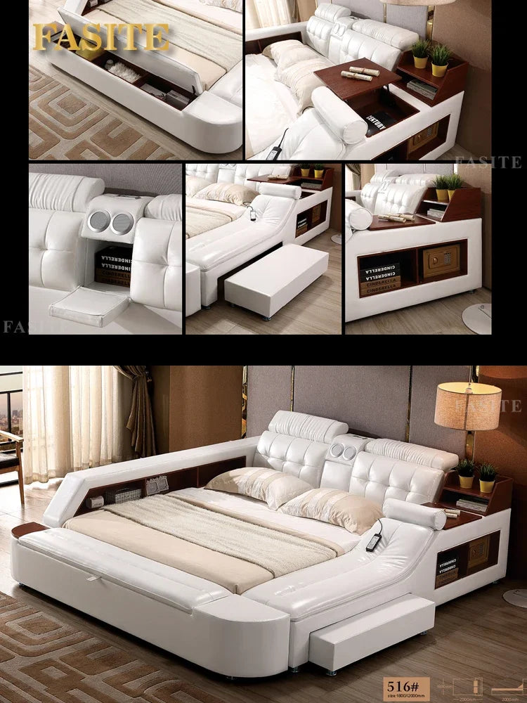 Premium Tech Smart Multifunktions-Bettgestell mit echtem Leder, Bluetooth-Lautsprecher