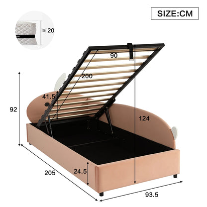 Polsterbett, Einzelbett, Babybett, niedlicher Hasenkopf, hydraulisches Bett mit Stauraum, erhöhter weicher Zaun, Samt, rosa + weiß, 90 x 200 cm