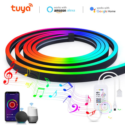 Tuya Smart WiFi LED Neon Light Strip 12V Black Silica Gel Tube RGB Bluetooth APP Neon Lamp Tape For Home Room Christmas Decor.
