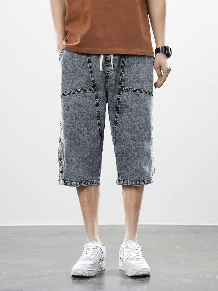 Summer Men's Jeans Denim Breeches Calf-Length Casual Shorts Washed Cotton Drawstring Straight Capris Pants Big Size 8XL.