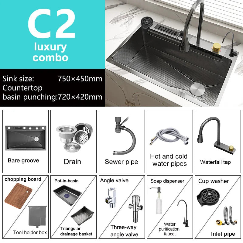 Large Single Slot Embossed Stainless Steel Waterfall Kitchen Sink  Household Wash basin Dishwashing  Sink For Kitchen