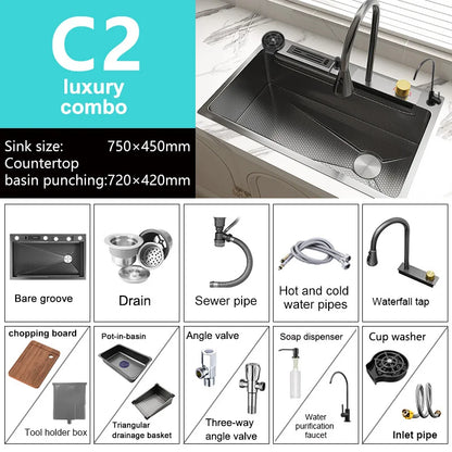 Large Single Slot Embossed Stainless Steel Waterfall Kitchen Sink  Household Wash basin Dishwashing  Sink For Kitchen