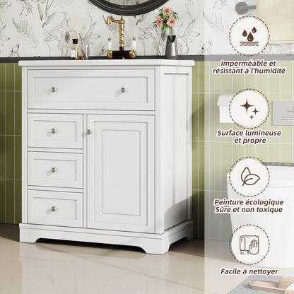 76 x 46 x 87 cm große Badezimmertheke, geräuscharme Schubladenführung, Klappschublade, Keramikwaschbecken, Keramikwaschmaschine, Weiß