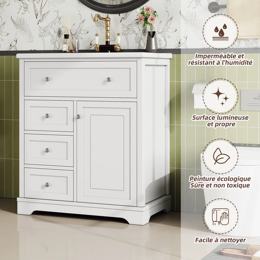 76 x 46 x 87 cm große Badezimmertheke, geräuscharme Schubladenführung, Klappschublade, Keramikwaschbecken, Keramikwaschmaschine, Weiß