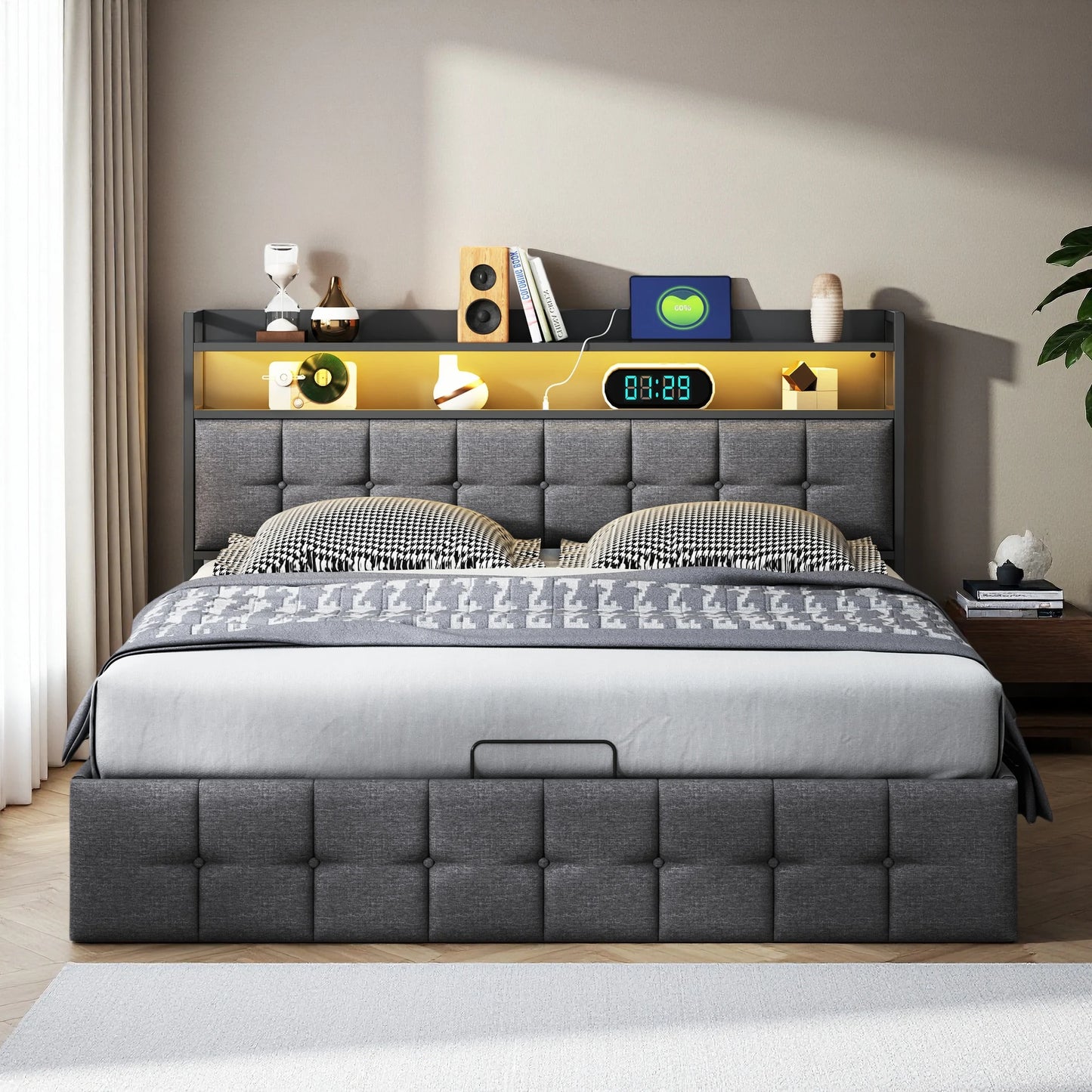 Rosahqnda Kissenbett, gepolstertes hydraulisches Bettgestell, graues Leinenkopfteil, Leinenstoff ohne Matratze