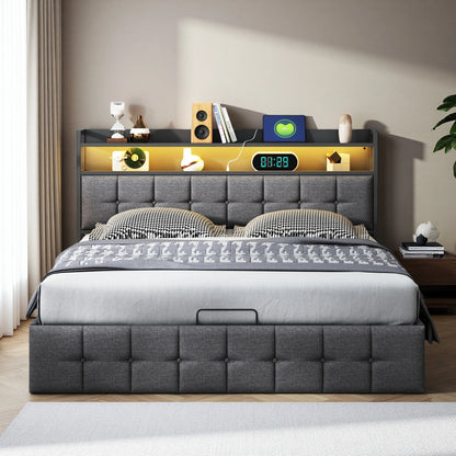 Rosahqnda Kissenbett, gepolstertes hydraulisches Bettgestell, graues Leinenkopfteil, Leinenstoff ohne Matratze