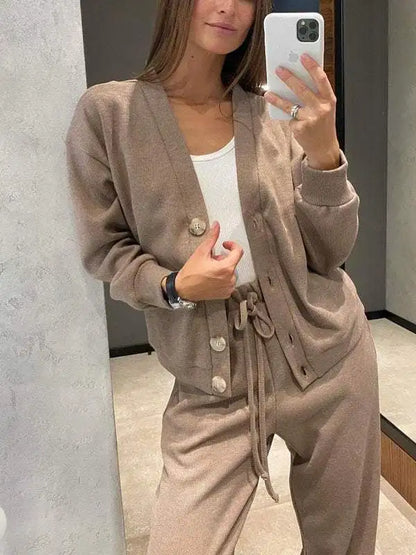 Autumn Fashion Knitted Cotton Women's Sports Jacket Suit Simple Trousers Pocket Casual Cardigan Elegant 2-piece Set Female