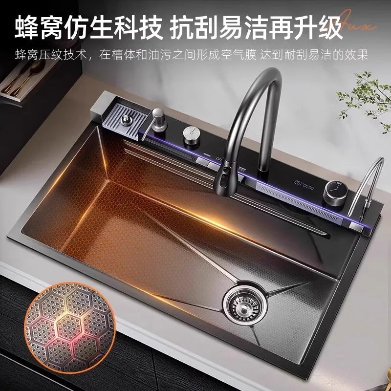 5.0 Thickened Whale Honeycomb Sink Feiyu Waterfall 304 Stainless Steel Handmade Digital Display Single Sink Household Kitchen