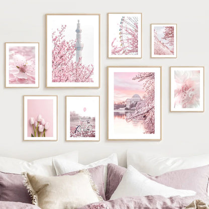 Pink Cherry Blossom Tulip Bicycle Flower Nordic Posters Ferris Wheel Wall Art Print Canvas Painting Living Room Home Decoration.
