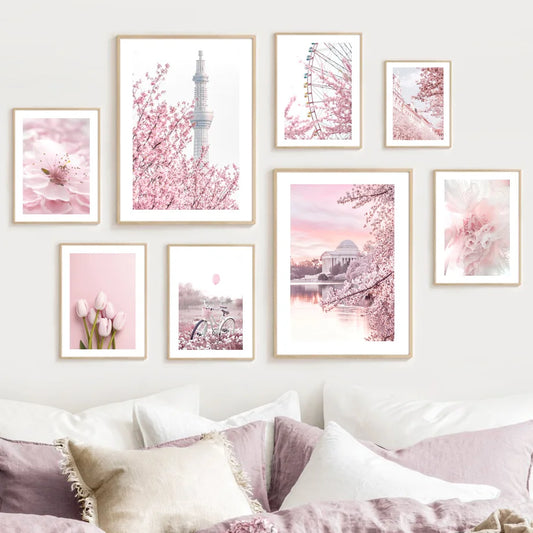 Pink Cherry Blossom Tulip Bicycle Flower Nordic Posters Ferris Wheel Wall Art Print Canvas Painting Living Room Home Decoration.