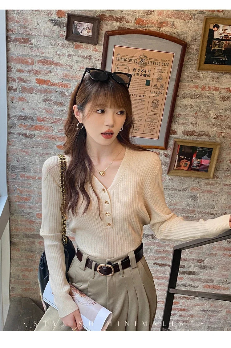 2025 Autumn Winter Women Sweaters Casual Slim Button Knitted Pullover Sweater Femme Basic Solid Jersey Tops Fashion Clothes.