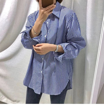 Women Shirt Blouse Blue Vertical Striped Shirt Women's Autumn Clothing Loose Long Sleeve Shirt Blusas Mujer.