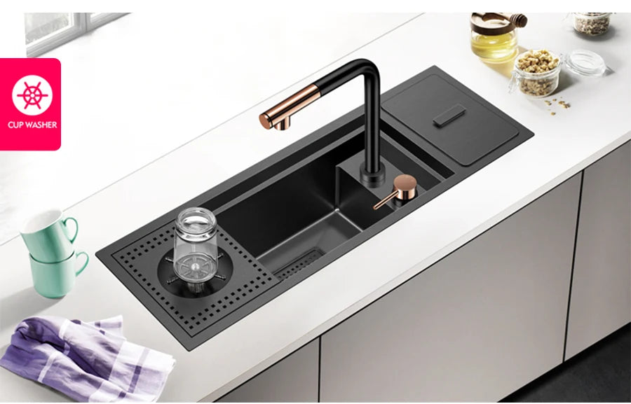 Nanometer Black Hidden Cup Rinser Bar kitchen Sink SUS 304 Stainless Steel Handmade Cup Washer Bar kitchen Sinks With Trash Can