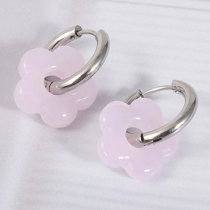 Colorful Flower Glass Drop Charms Earring Gold Color Circle Ear Buckle Hoops Stainless Steel Earrings Fashion Jewelry for Women.