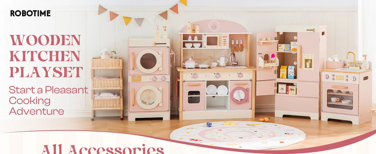 Robotime Robud Kids Corner Kitchen Playset Wooden Play Kitchen Set with Realistic Sound Pretend Play Gift for Boys Girls Pink.