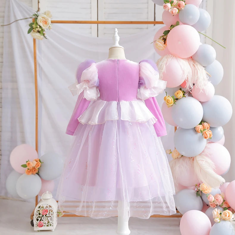 Wunderschönes Mädchenkleid, Puffärmel + lange Ärmel, Netzbedeckung, geeignet für Tänze, Partys, Auftritte, Host-Verkleidung