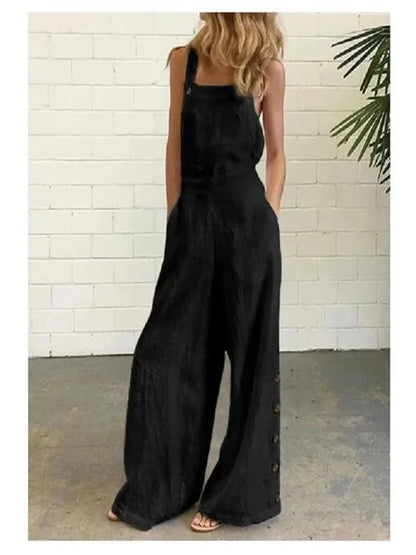 New 2021 Women's Solid Color Sleeveless Side Button Wide Leg Pocket Casual Jumpsuit Comfortable One-Piece Suiting Pants.