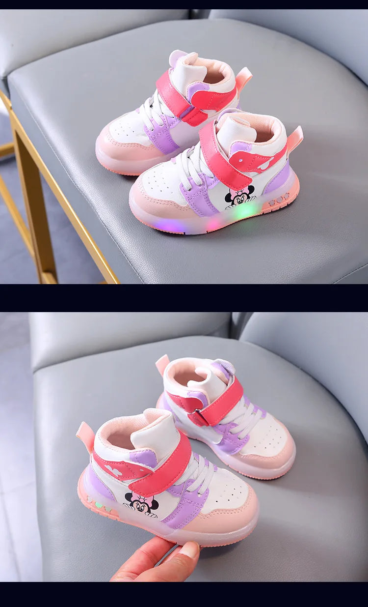 Disney Girls' Causla Shoes PU Leather Mickey Mouse LED Luminescent Children's Sneaker 1-6 Year Old Boys' Sports Casual Shoes.