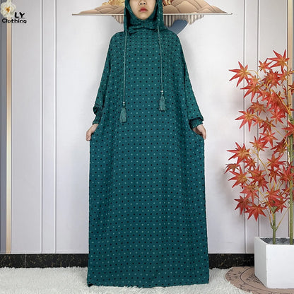 2024New Pure Cotton Ramadan Muslim Two-Hat Abaya Dubai Turkey Islam Prayer Clothes Loose Robe Islamic Women Traditional Clothing