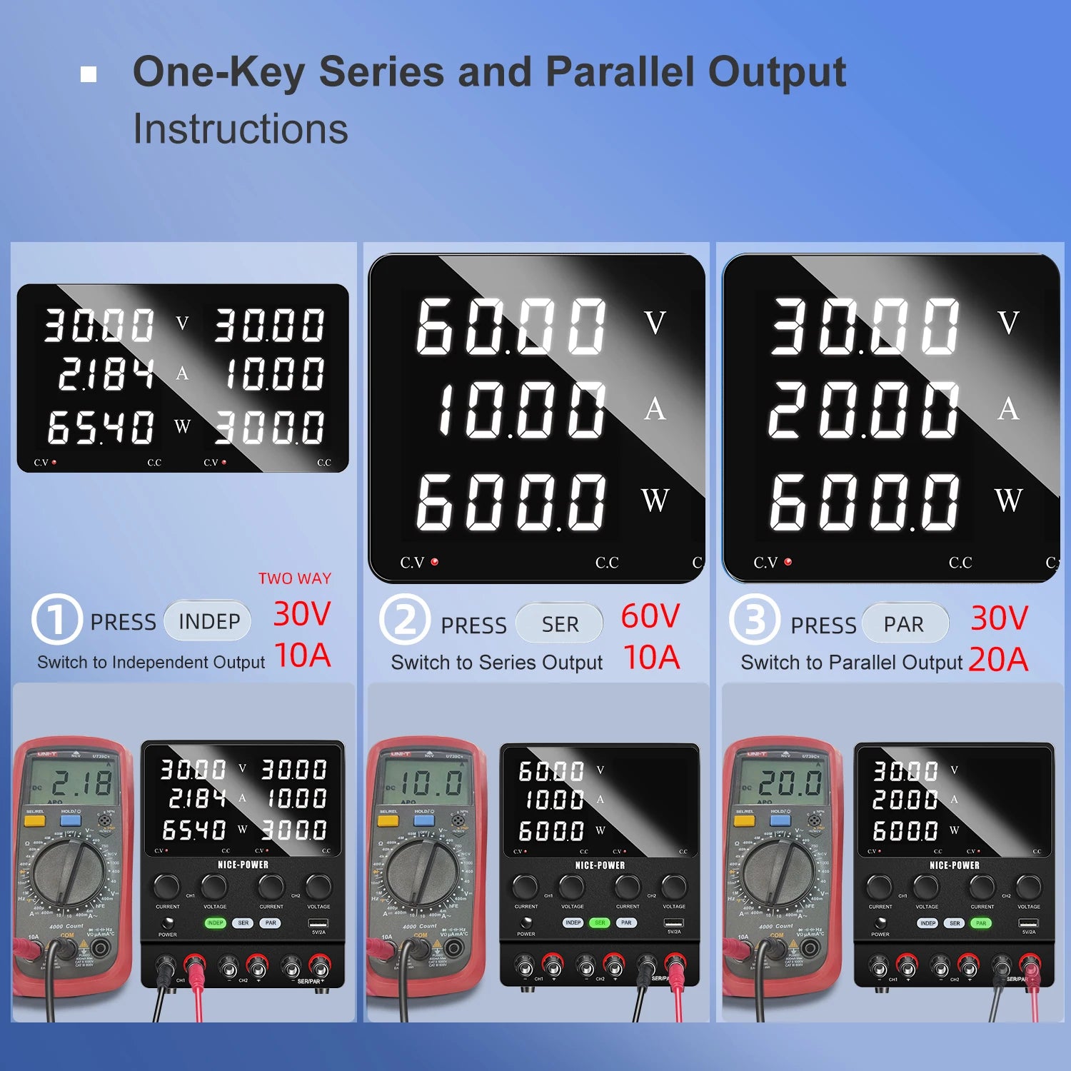 4 in 1 Lab Dual Power Supply 3 Model PAR/SER/INDEP Adjustable Power Source 30V 10A 60V 5A Voltage Stabilizer Switching USB 5V 2A.