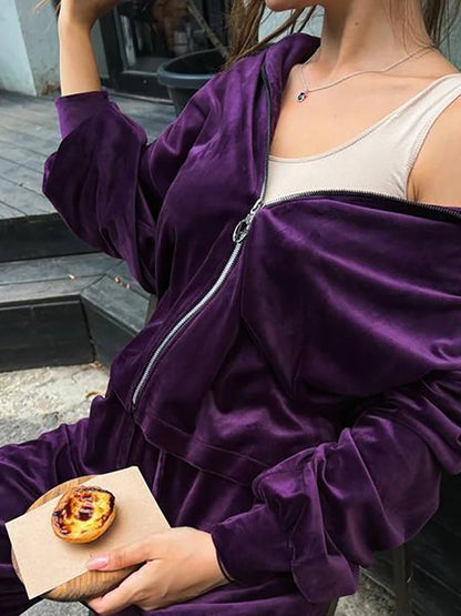 Women Autumn Hooded Coat Two Pieces Sets, Solid Patchwork Wide Leg Pants Chic Outfit, New Long Sleeve Casual Simple Ladies Suits