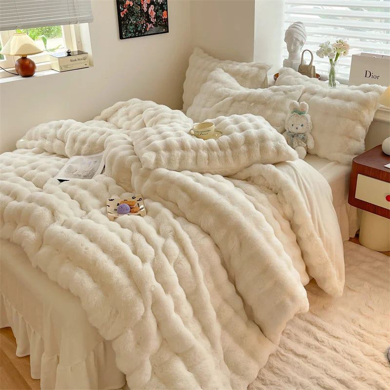 Luxury Faux Rabbit Fur Velvet Fleece Plush Soft Warm Bedding Set Super Comfortable Duvet Cover Set Blanket Bed Sheet Pillowcases.