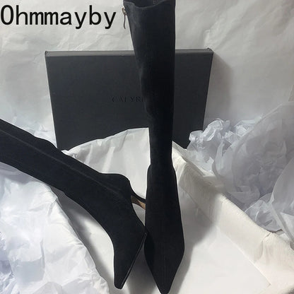 Women Stretch Modern Long Boots Fashion Pointed Toe Knee High Booties Designer High Heels Shoes.