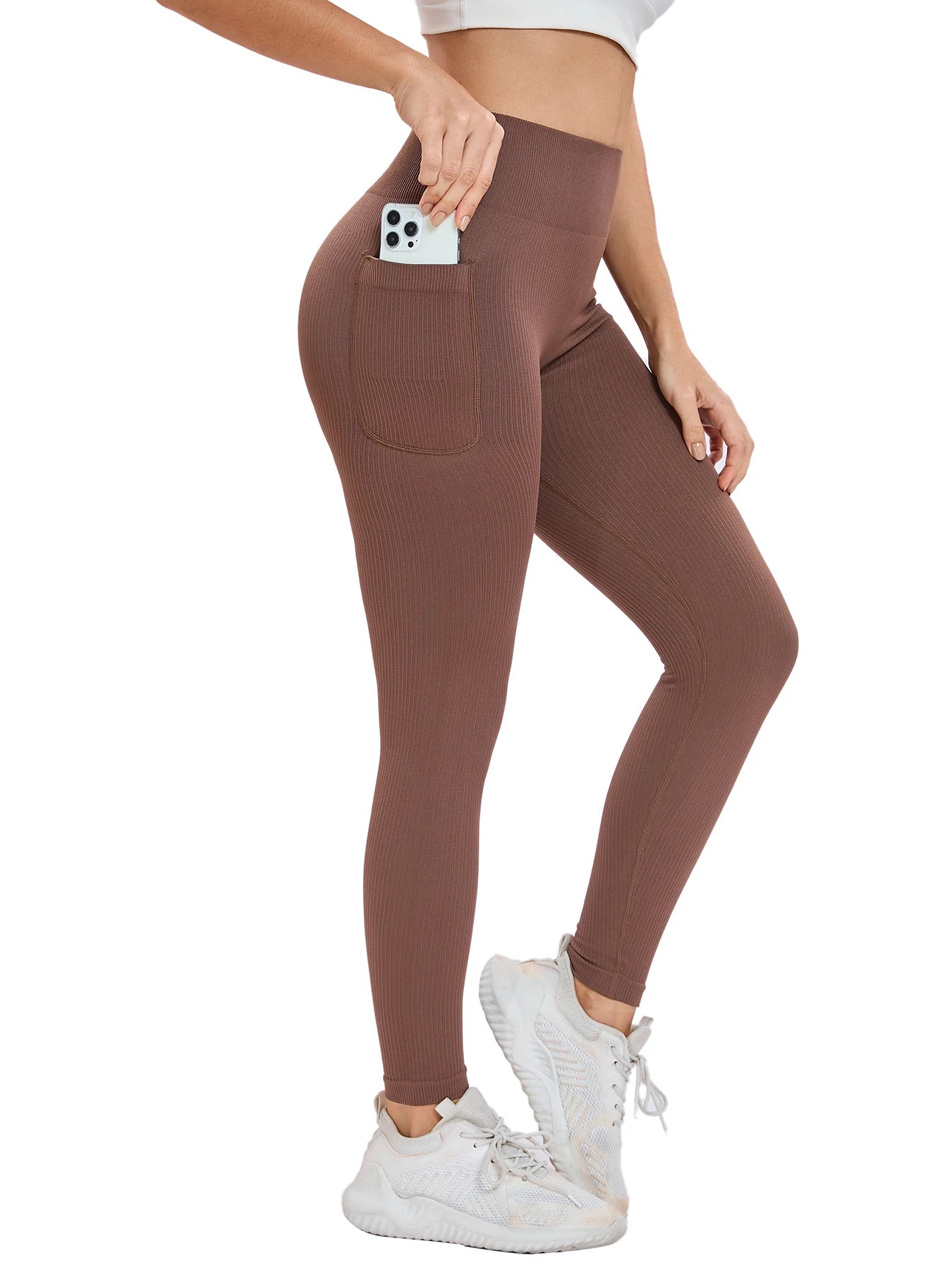 Women's solid color threaded sports leggings seamless cross-border yoga pants high-waisted fitness pants Yoga wear with pocket.