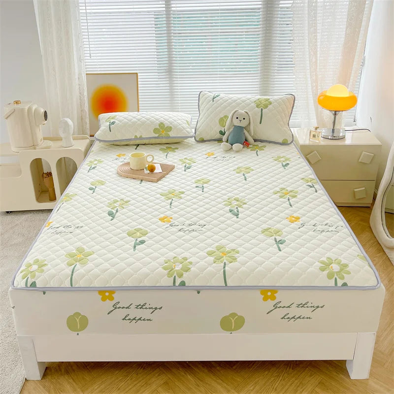 Floral Fitted Sheet Queen Size Bed Cover Thicken Bedsheet Quilted Mattress Protector tampa de colchão (Pillowcase Need Order).