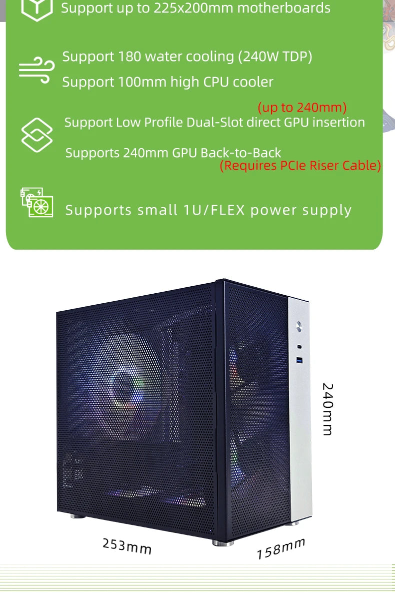 METALFISH T20 Mini ITX Case 9L Gaming Computer White Chassis Compact PC Support Flex PSU/100mm Cooler/180Liquid Cooler/240mm GPU.