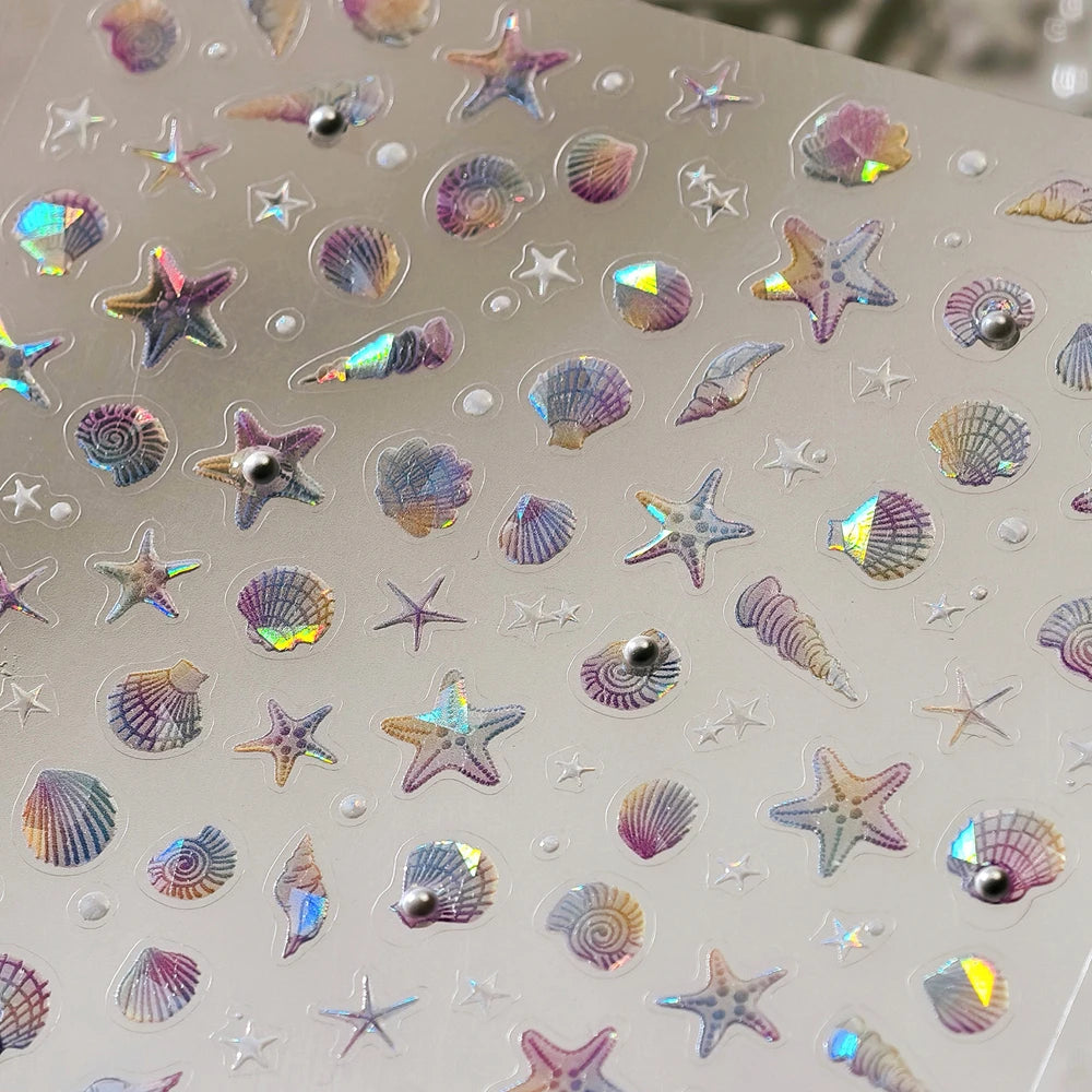 Ocean Theme 5D Nail Sticker Summer Beach Seashells Starfish Conch Scallop Shell Coral Self Adhesive Decoration Manicure Decal.