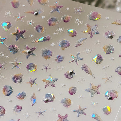 Ocean Theme 5D Nail Sticker Summer Beach Seashells Starfish Conch Scallop Shell Coral Self Adhesive Decoration Manicure Decal.