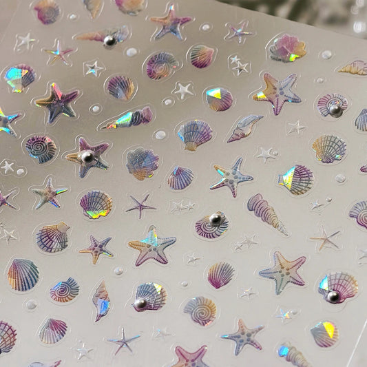 Ocean Theme 5D Nail Sticker Summer Beach Seashells Starfish Conch Scallop Shell Coral Self Adhesive Decoration Manicure Decal.