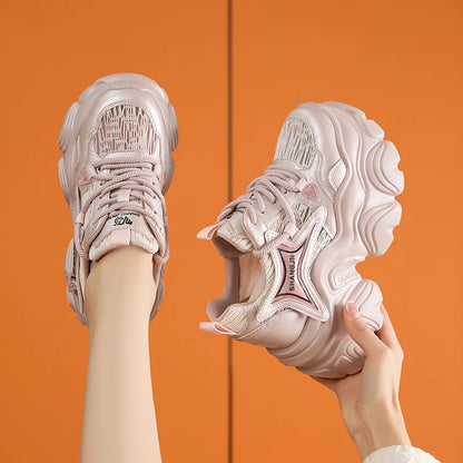 AUTUSPIN 10cm Pink Thick Soled Shoes for Summer Women Breathable Lace-up Ladies Sneakers Outdoor Casual Fashion Platform Shoes.