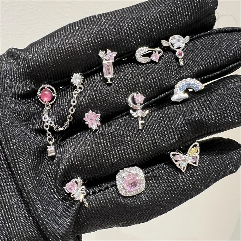 1PCS Cute Pink Zircon 316L Stainless Steel Ear Bone Nail New Fashion Y2K Punk Small Earring for Women Cochlea Jewelry Party Gift.