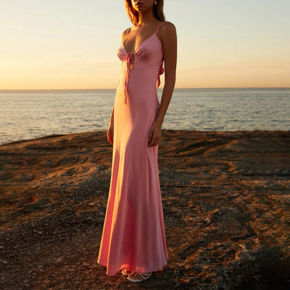 Combhasaki Damen-Kleid, elegant, einfarbig, verstellbar, dünn, Schultergurte, Ausschnitt, zum Binden vorne, rückenfrei, Sommer, langes Cami, seidiges Kleid