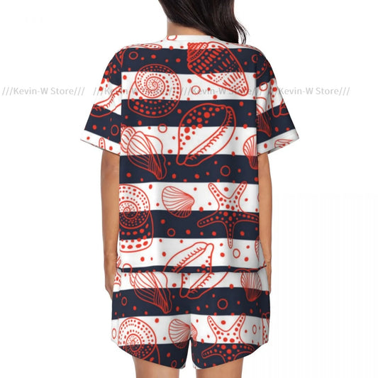 Damen-Pyjama-Set, kurzärmelig, nautisch, niedlich, gestreift, Marine-Muscheln und Fossilien, Nachtwäsche, Loungewear für Sommer-Nachtwäsche