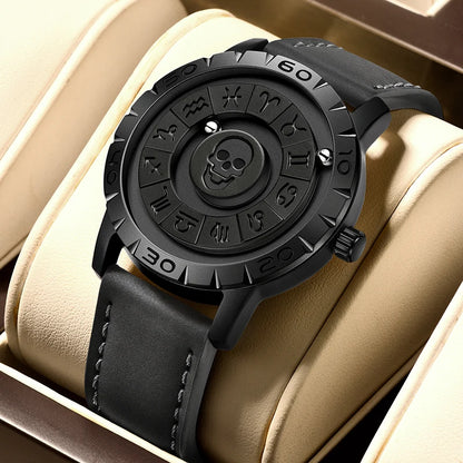 LIGE FOXBOX Unique Design Quartz Man Watch Simple Fashion Leather Belt Casual Sports Magnetic Srolling Beads Skull Men's Watches.