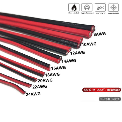Super Soft 2 Pin Black Red Silicone Cable 28awg 26 24 22 20 18 16 14 12awg 10awg 8awg High Temperature Resistant Tin-Copper Wire.
