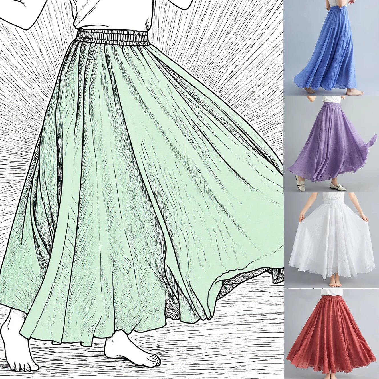 Boho Cotton Linen Beach Long Skirt Women Vintage Casual Solid A-line High Waist Dance Floor-Length Maxi Skirt Spring Summer New.